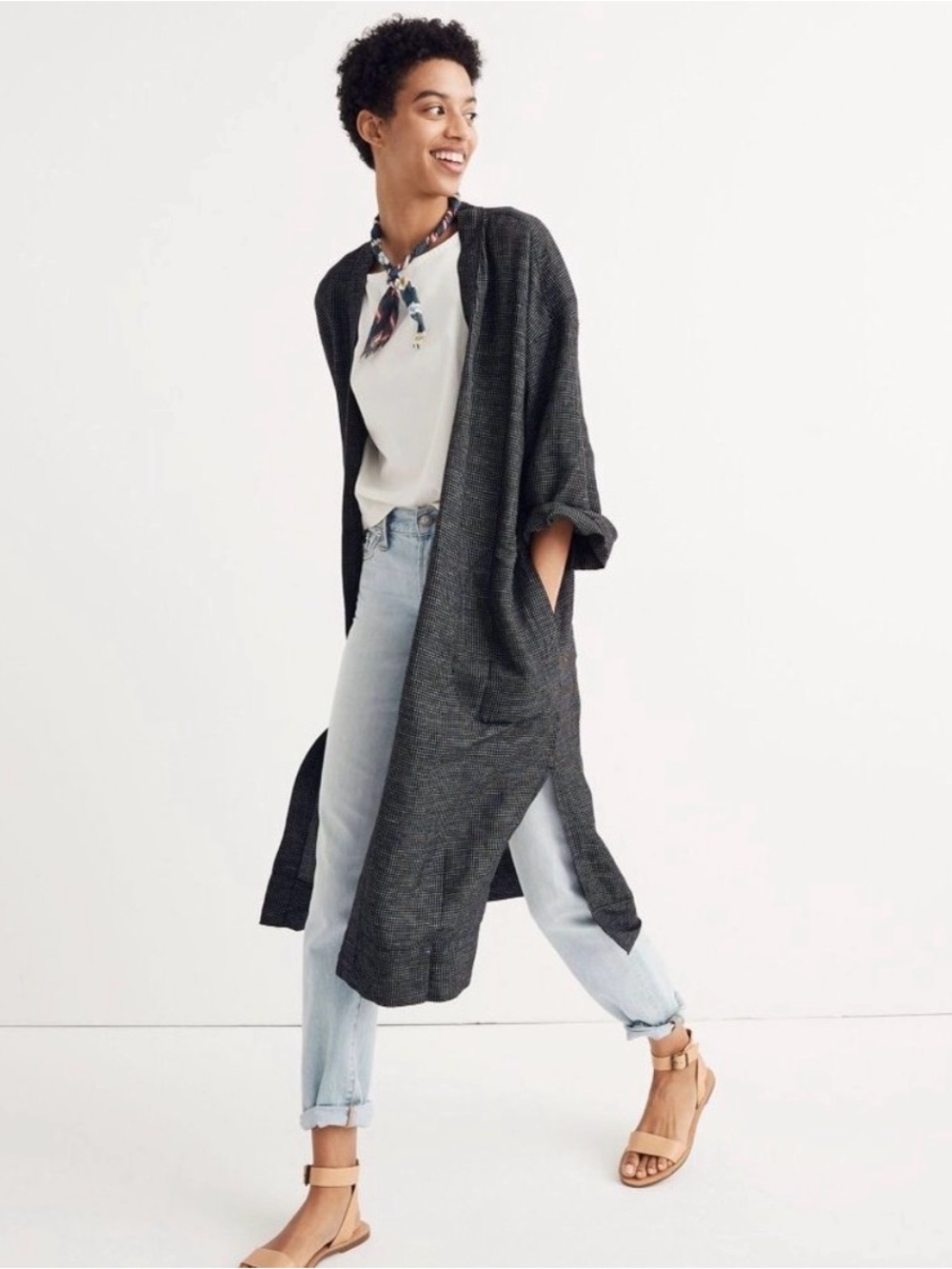 Madewell Long Robe Jacket in Grid Pattern Size Small